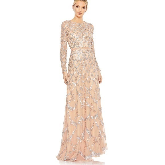 MAC DUGGAL Blush Embellished Illusion High Neck Long Sleeve A-Line Gown - Picture 1 of 15